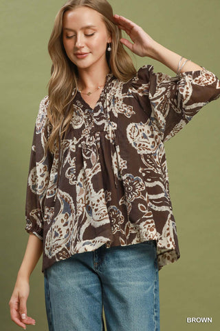 Umgee Paisley Print Smocked Neck Flowy Boho Top