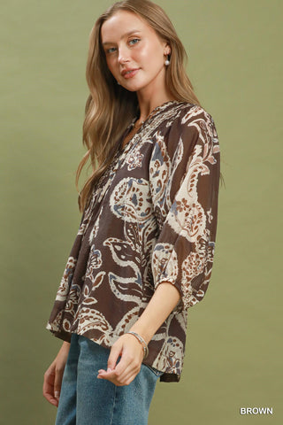 Umgee Paisley Print Smocked Neck Flowy Boho Top