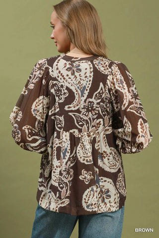 Umgee Paisley Print Smocked Neck Flowy Boho Top