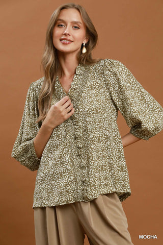Umgee Floral Print Ruffle Detail Button Down Top
