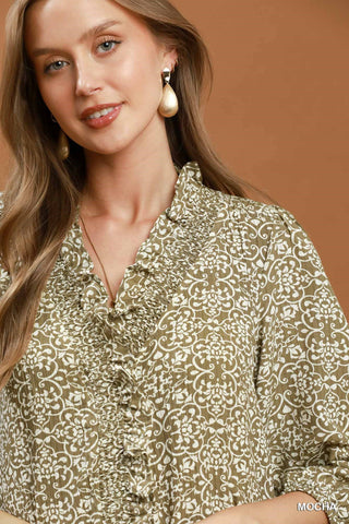 Umgee Floral Print Ruffle Detail Button Down Top