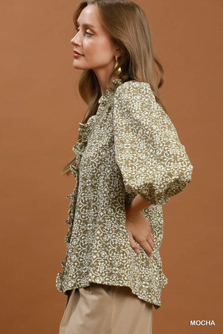 Umgee Floral Print Ruffle Detail Button Down Top