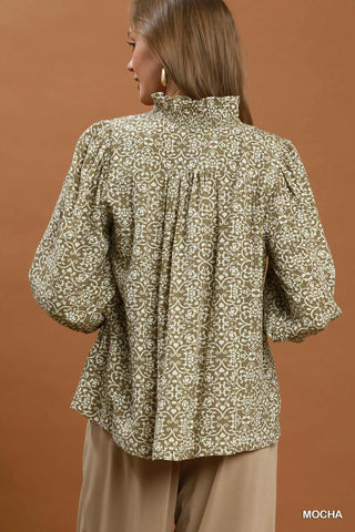 Umgee Floral Print Ruffle Detail Button Down Top
