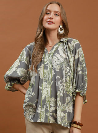 Umgee Floral Print Split Neck Blouse