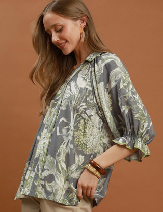 Umgee Floral Print Split Neck Blouse
