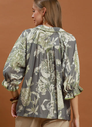 Umgee Floral Print Split Neck Blouse