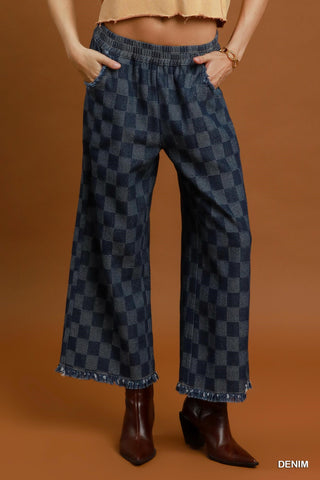 Checkered Wide Leg Frayed Hem Pants