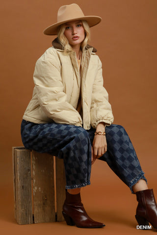 Checkered Wide Leg Frayed Hem Pants
