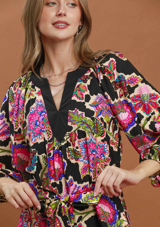 Umgee Abstract Print Embroidered Belted Midi Dress