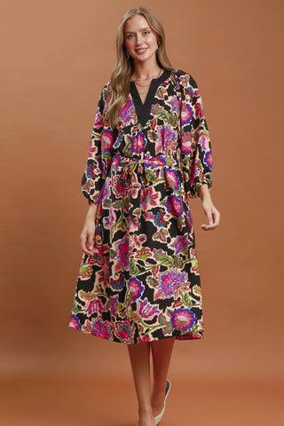 Umgee Abstract Print Embroidered Belted Midi Dress