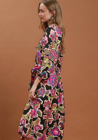 Umgee Abstract Print Embroidered Belted Midi Dress