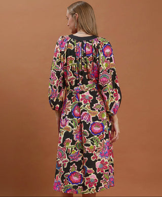 Umgee Abstract Print Embroidered Belted Midi Dress