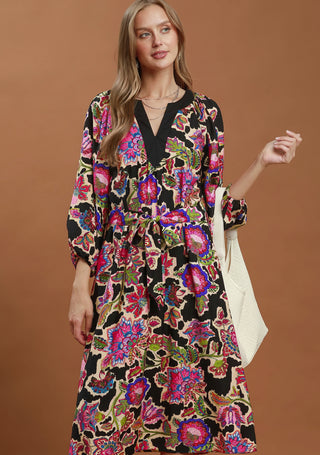 Umgee Abstract Print Embroidered Belted Midi Dress