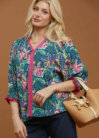 Umgee Mix Floral Print Contrast Trim Blouse