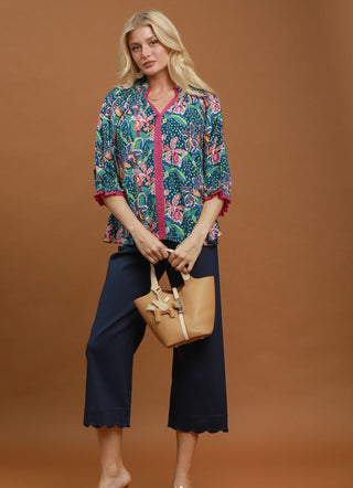 Umgee Mix Floral Print Contrast Trim Blouse