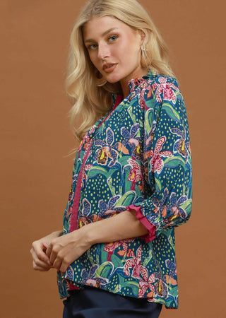 Umgee Mix Floral Print Contrast Trim Blouse
