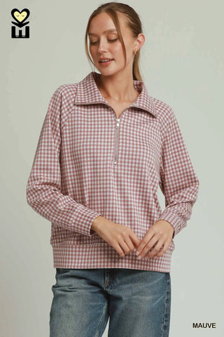 Umgee Gingham Half-Zip Long Sleeve Pullover