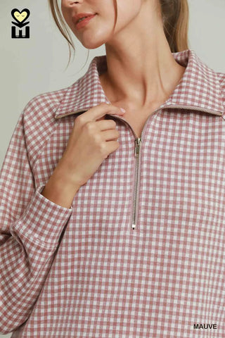 Umgee Gingham Half-Zip Long Sleeve Pullover