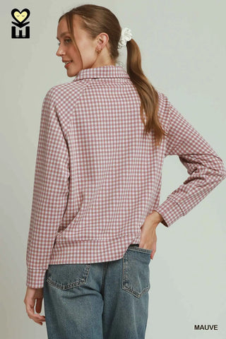 Umgee Gingham Half-Zip Long Sleeve Pullover