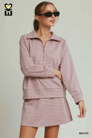 Umgee Gingham Half-Zip Long Sleeve Pullover