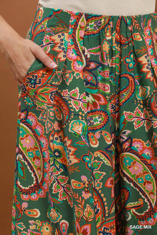 Umgee Paisley Print Embroidered Wide Leg Pants