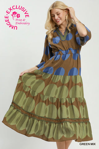 Umgee Mix Polka Dot Tiered Boho Midi Dress