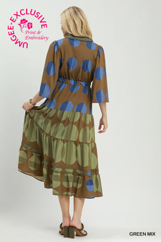 Umgee Mix Polka Dot Tiered Boho Midi Dress