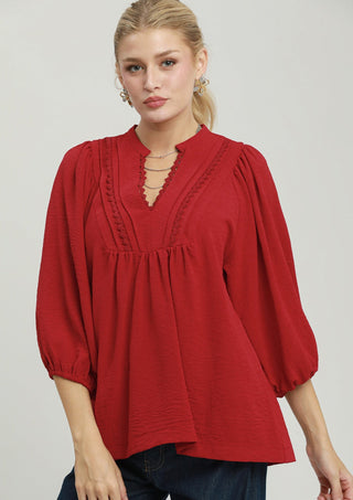 Umgee Lace Trim Babydoll Blouse