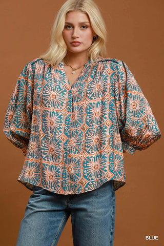 Umgee Abstract Print Button-Front Blouse