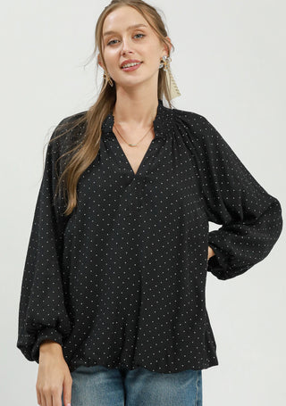 Umgee Polka Dot Textured Balloon Sleeve Blouse