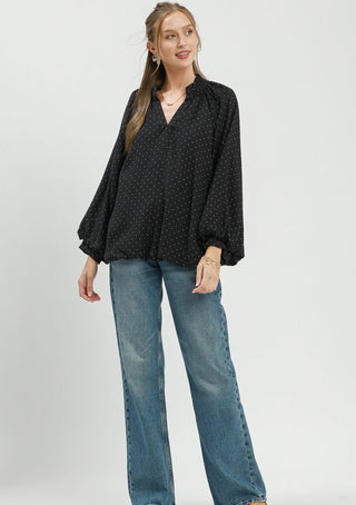Umgee Polka Dot Textured Balloon Sleeve Blouse