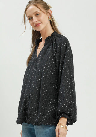 Umgee Polka Dot Textured Balloon Sleeve Blouse