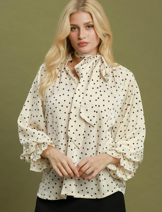 Umgee Polka Dot Tie Neck Blouse