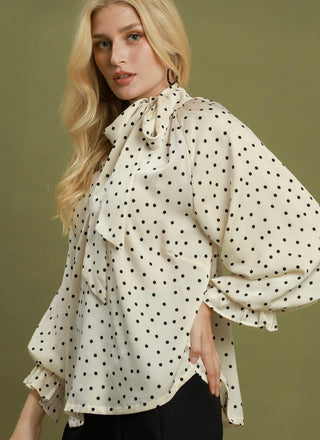 Umgee Polka Dot Tie Neck Blouse