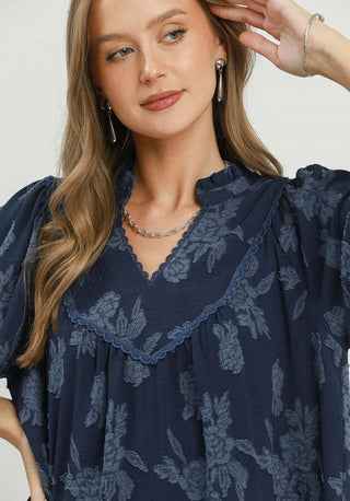 Umgee Floral Textured Scalloped V-Neck Babydoll Blouse