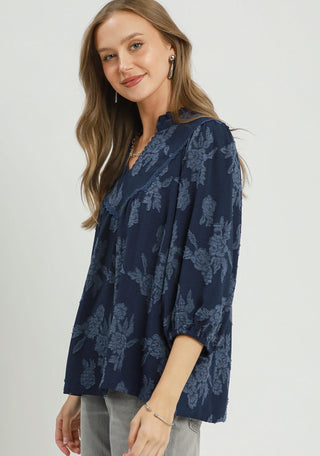 Umgee Floral Textured Scalloped V-Neck Babydoll Blouse