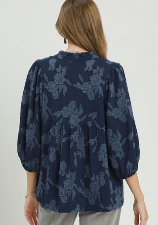 Umgee Floral Textured Scalloped V-Neck Babydoll Blouse