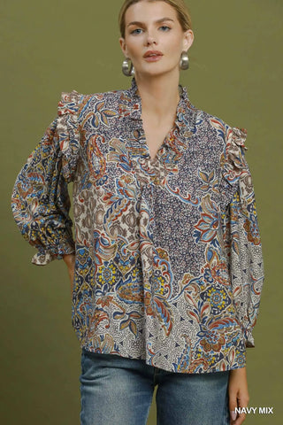 Umgee Mix Print Ruffle Detail Blouse