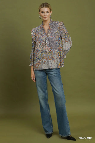 Umgee Mix Print Ruffle Detail Blouse