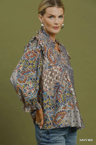 Umgee Mix Print Ruffle Detail Blouse