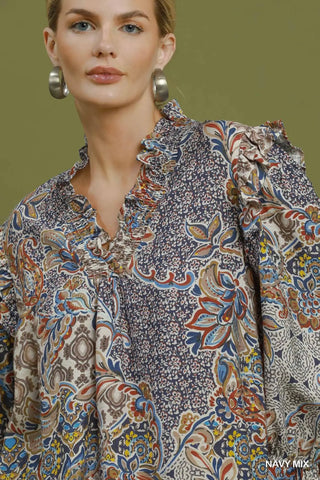 Umgee Mix Print Ruffle Detail Blouse