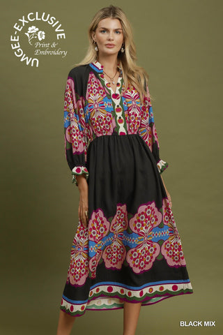 Umgee Floral Border Print Midi Dress