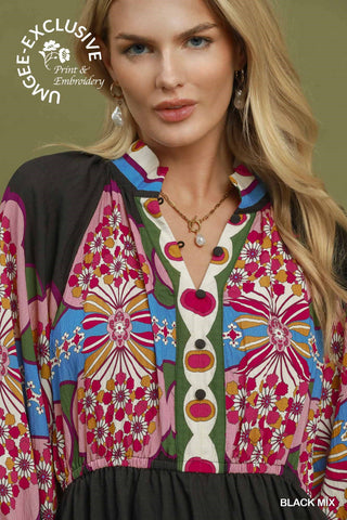 Umgee Floral Border Print Midi Dress