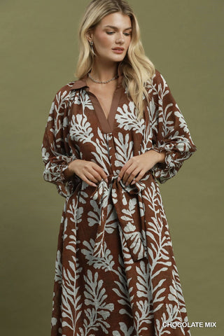 Umgee Mix Botanical Print Belted Midi Dress