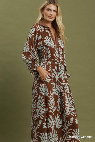 Umgee Mix Botanical Print Belted Midi Dress