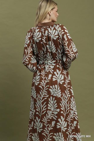 Umgee Mix Botanical Print Belted Midi Dress