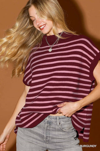 Umgee Striped Mock Neck Sweater