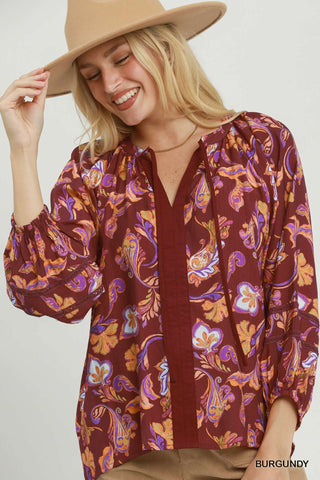 Umgee Abstract Contrast Trim Blouse