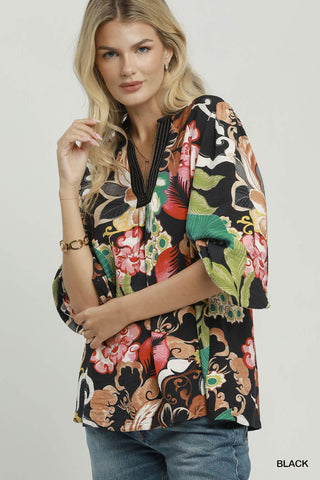 Umgee Floral Print V-Neck Blouse