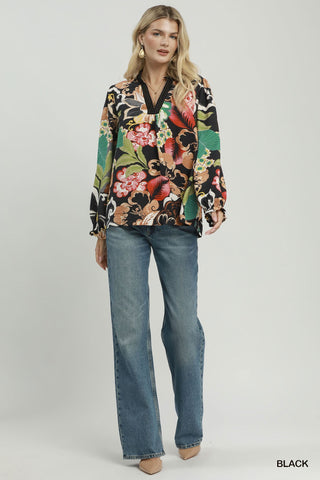 Umgee Floral Print V-Neck Blouse